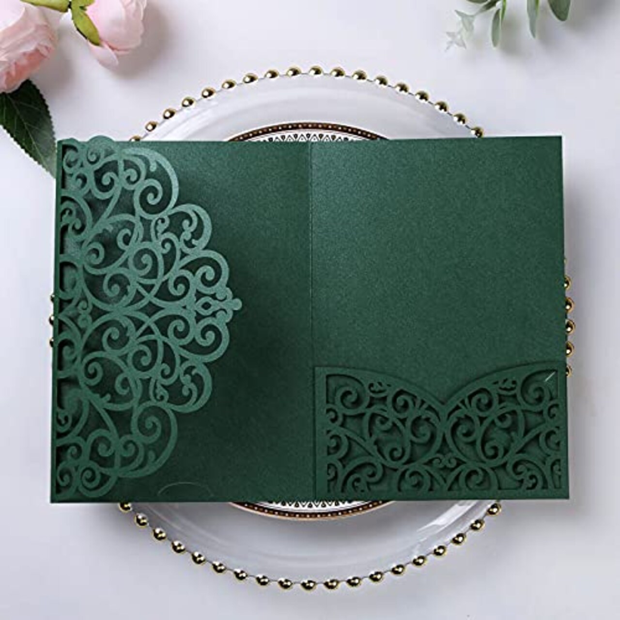 PONATIA 5.12 x 7.2 Emerald Green Invitation Cards, Trifold laser cut invitations Wedding Invitation Cards Pockets with Envelopes for Wedding Bridal Shower Engagement Birthday Sweet 16 (20PCS No Inner Sheet)